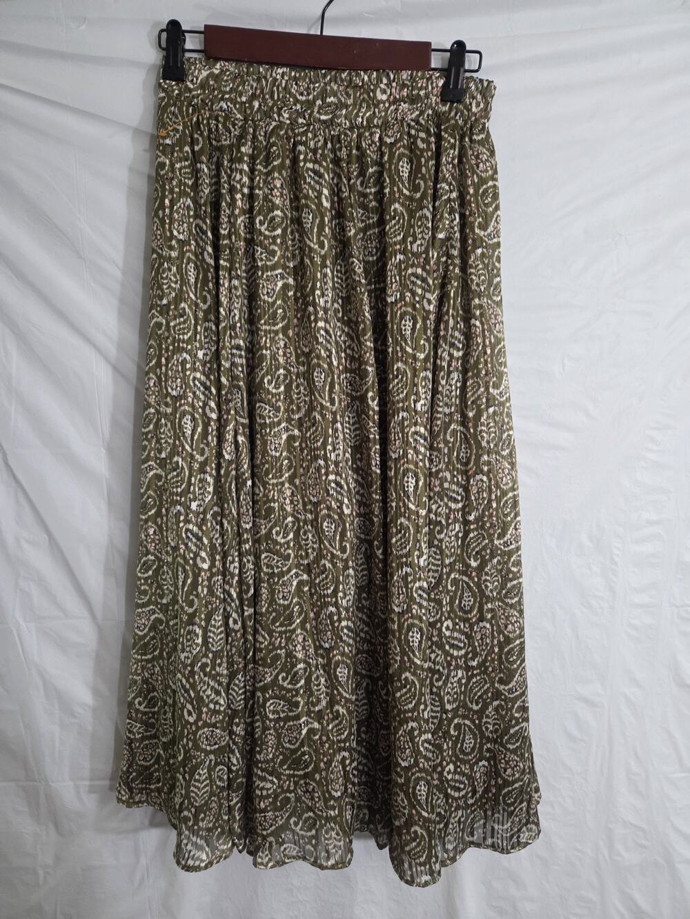 Pleated Maxi Skirt Size Sm Green Paisley Lined Gold Trim Gypsy Peasant Boho - Picture 1 of 11